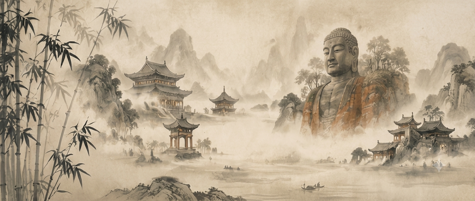 Chengdu ink painting with panda, bamboo and Leshan Giant Buddha
